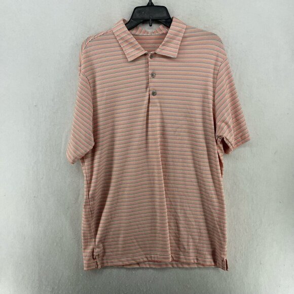 Antigua Polo Shirt Men's Sz L Orange Gray Striped 3 Button Collared Stretch - Picture 1 of 12